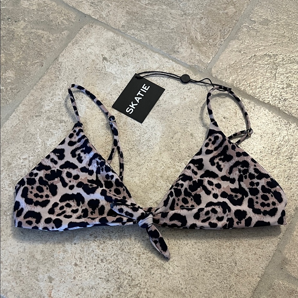 Skatie Halley Calabasas Leopard Print Bikini Top in Black and Cream
